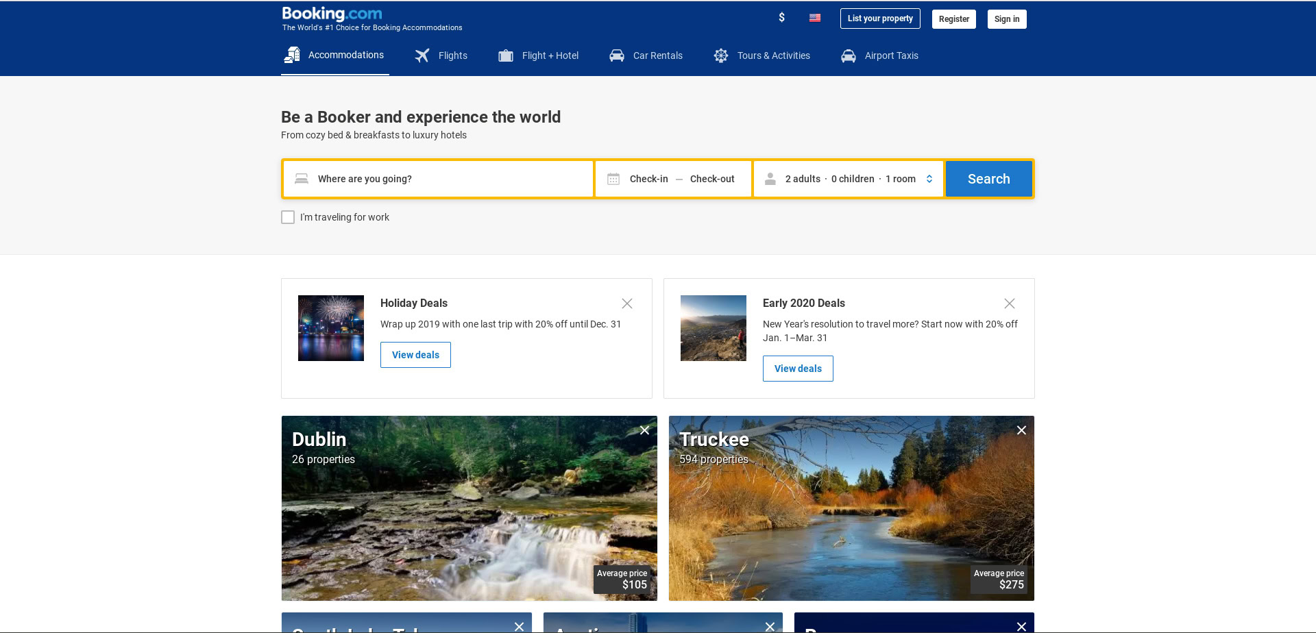 Screenshot of the Booking homepage - an airbnb competitor