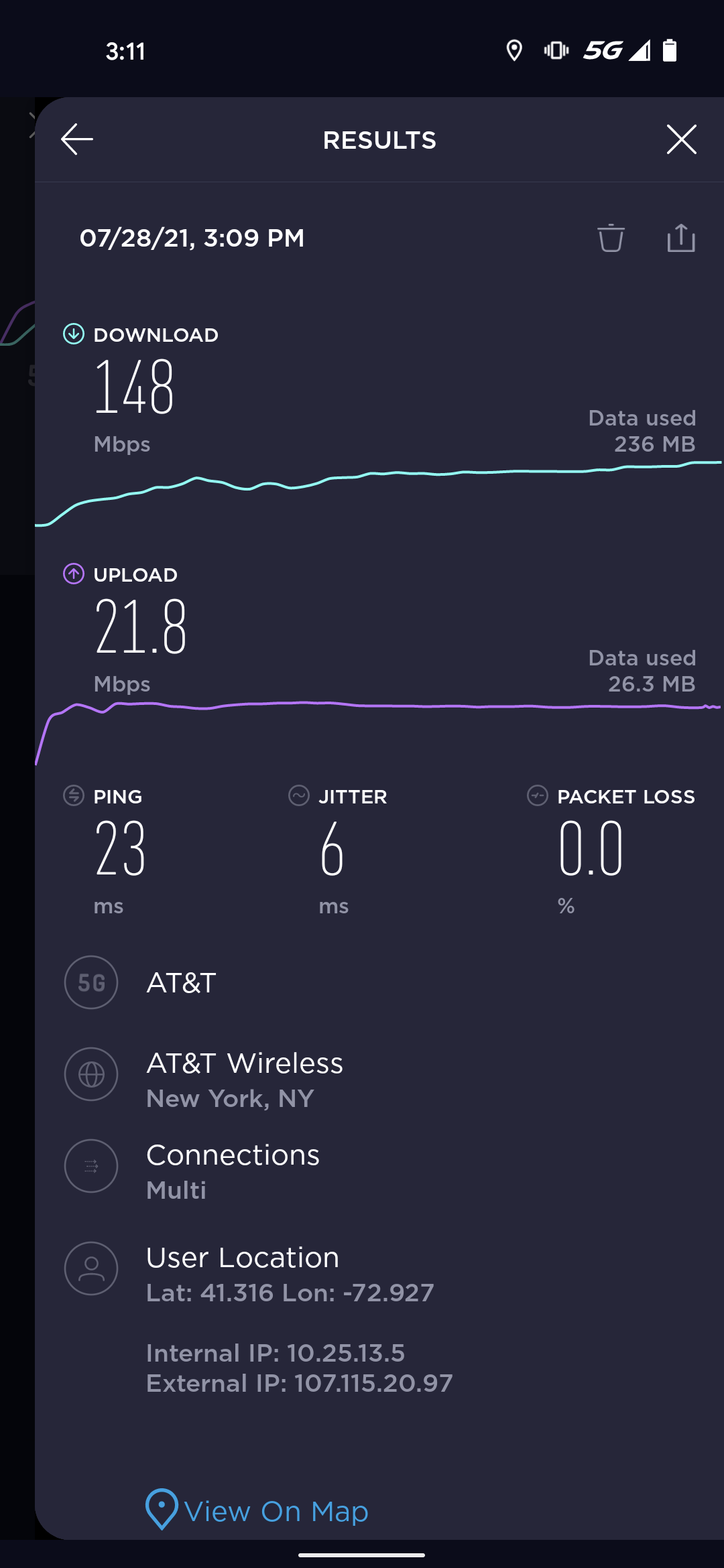 5G downtown speed test results.