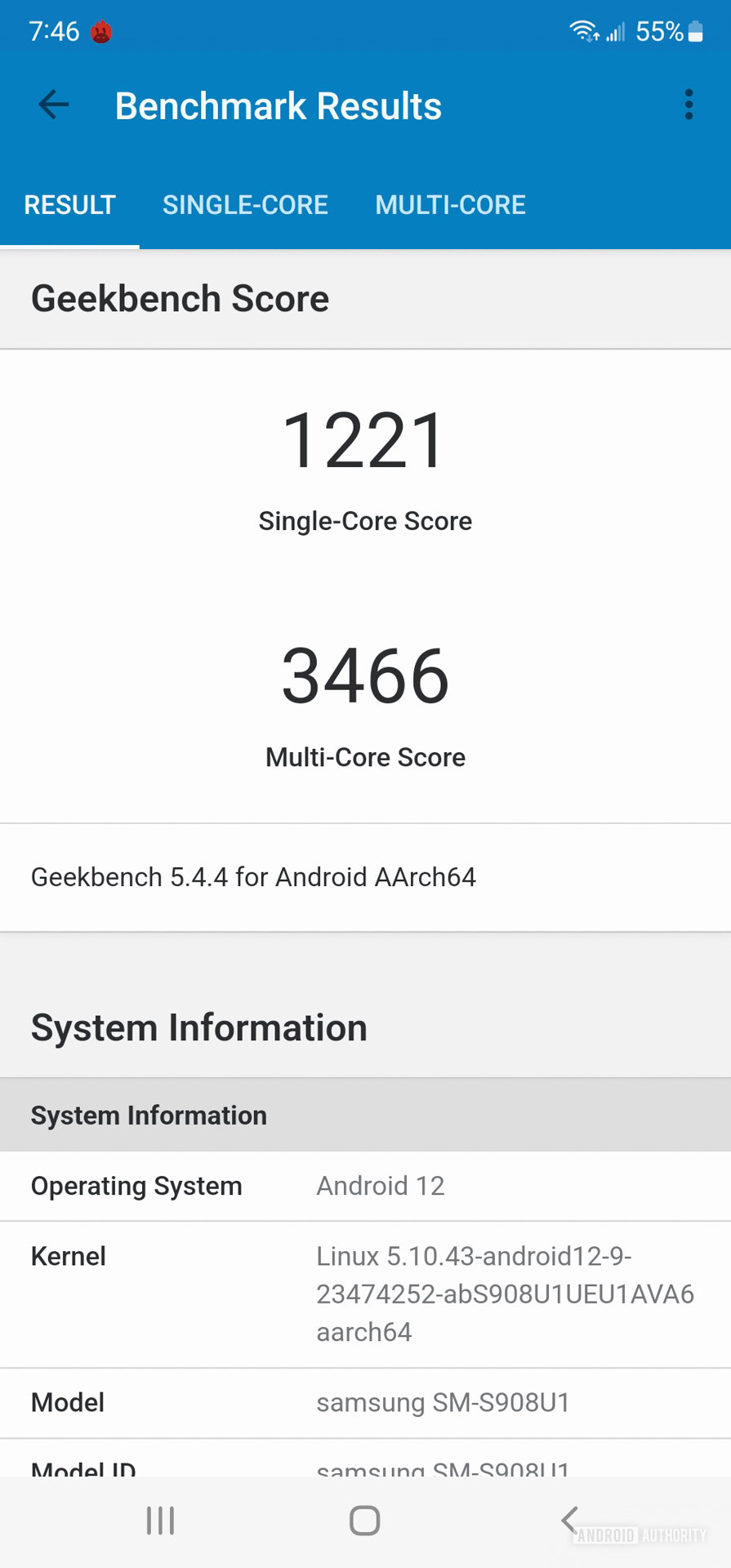 Samsung Galaxy S22 Ultra software Geekbench 5