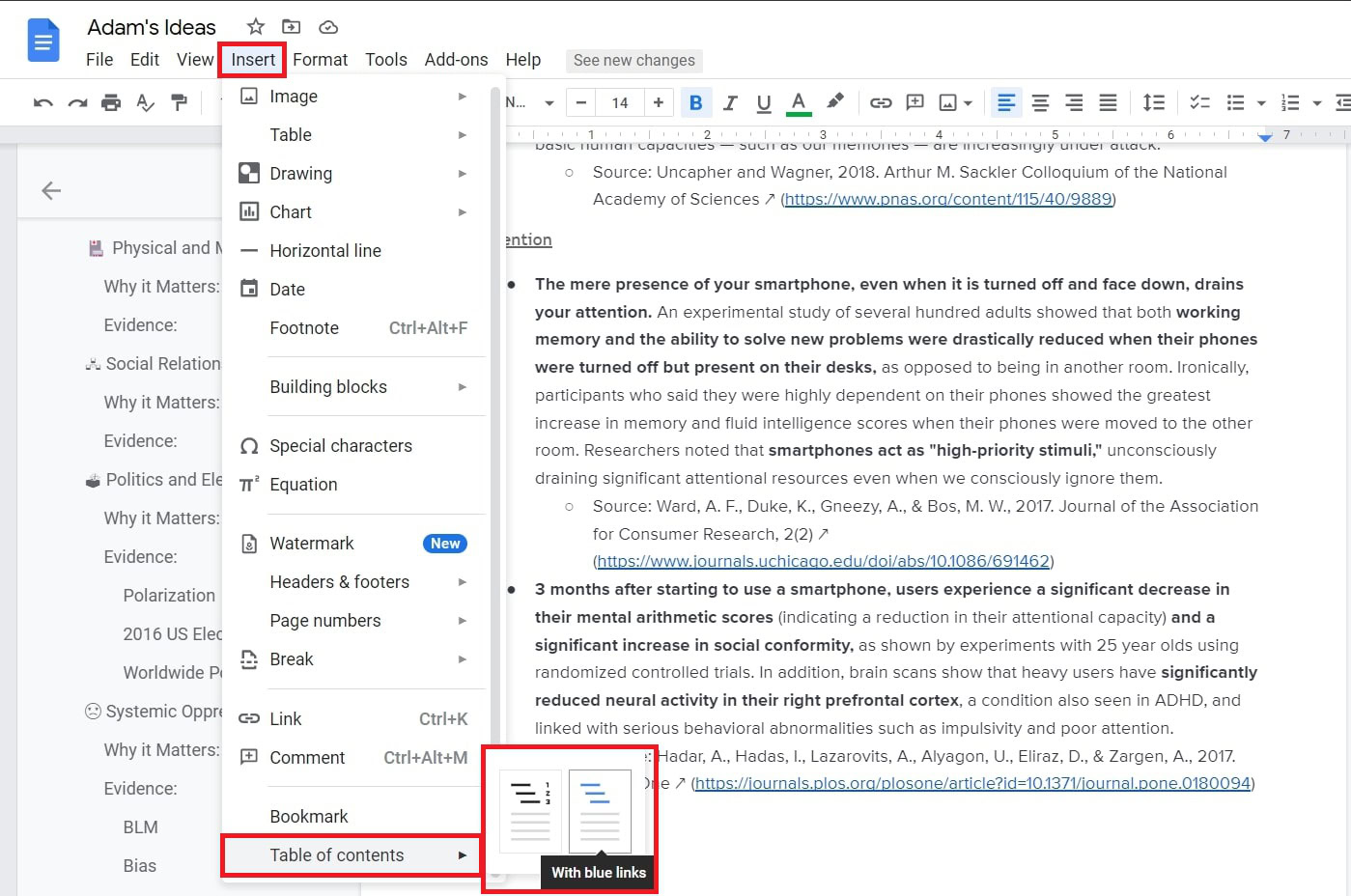 How To Make A Table Of Contents In Google Docs Android Authority