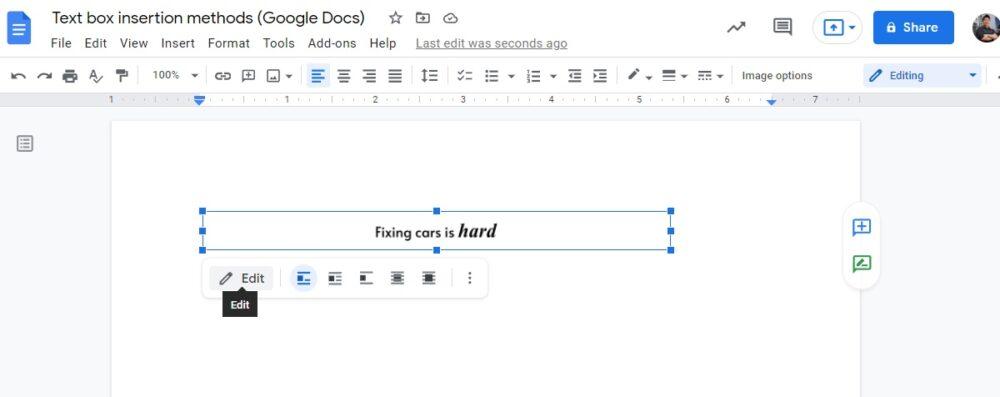 insert text box on google docs document