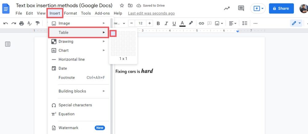 how to add a text box in google docs