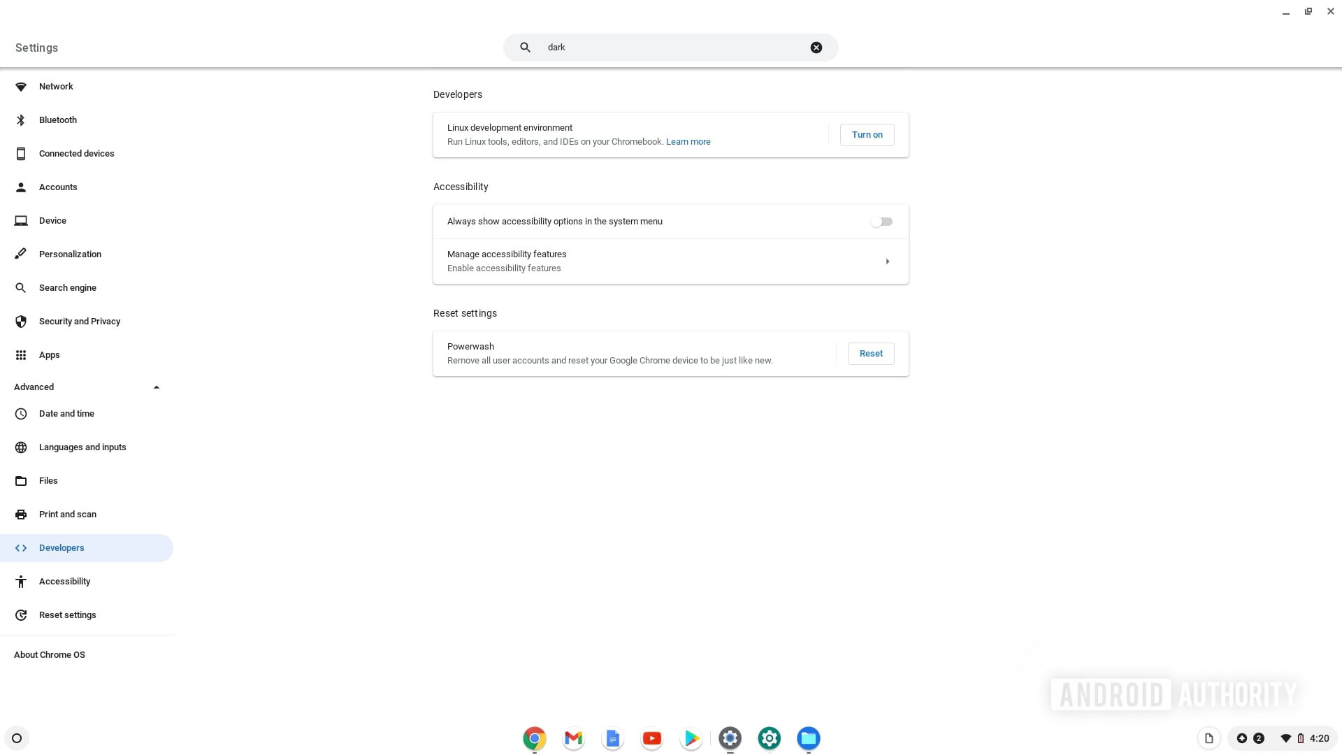 Chromebook Developer settings