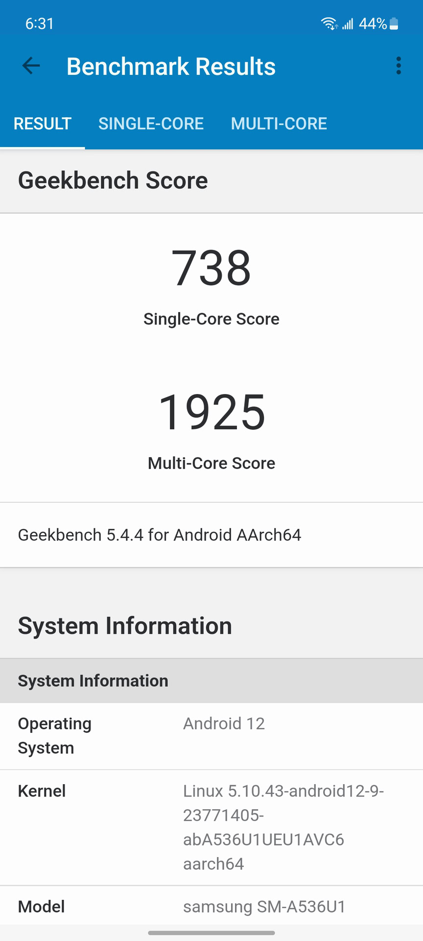 Galaxy A53 Geekbench benchmark