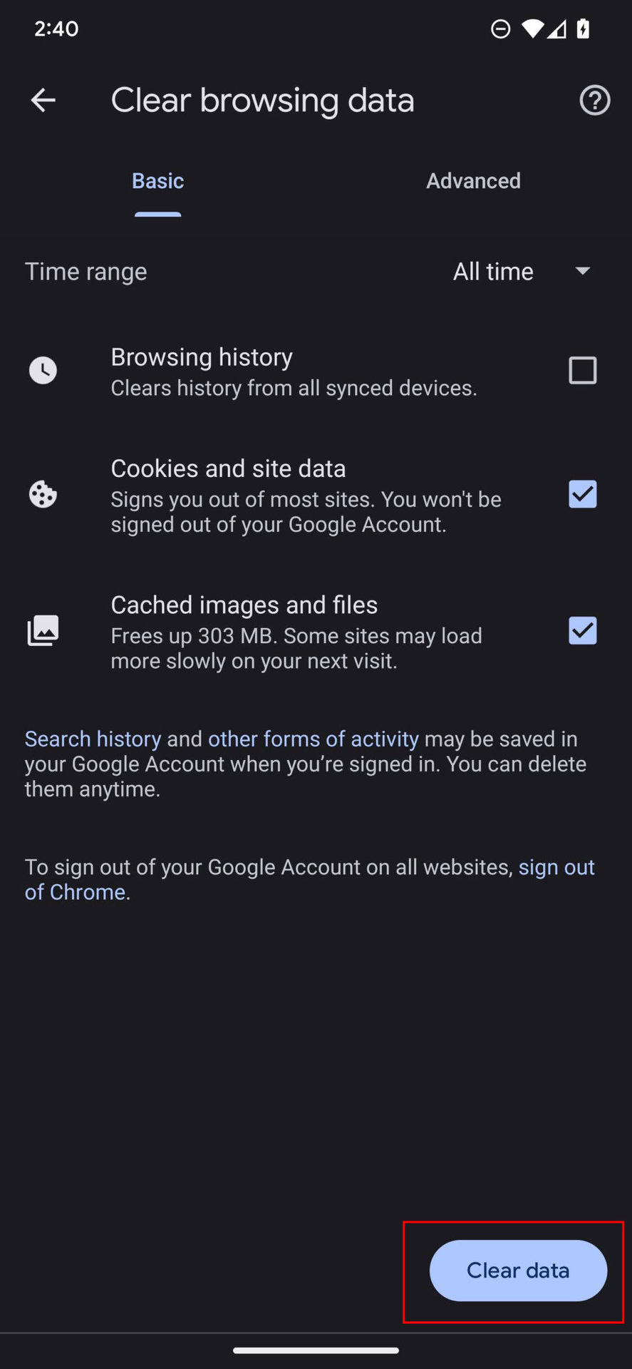 How to clear cache and storage on Chrome for Android 5