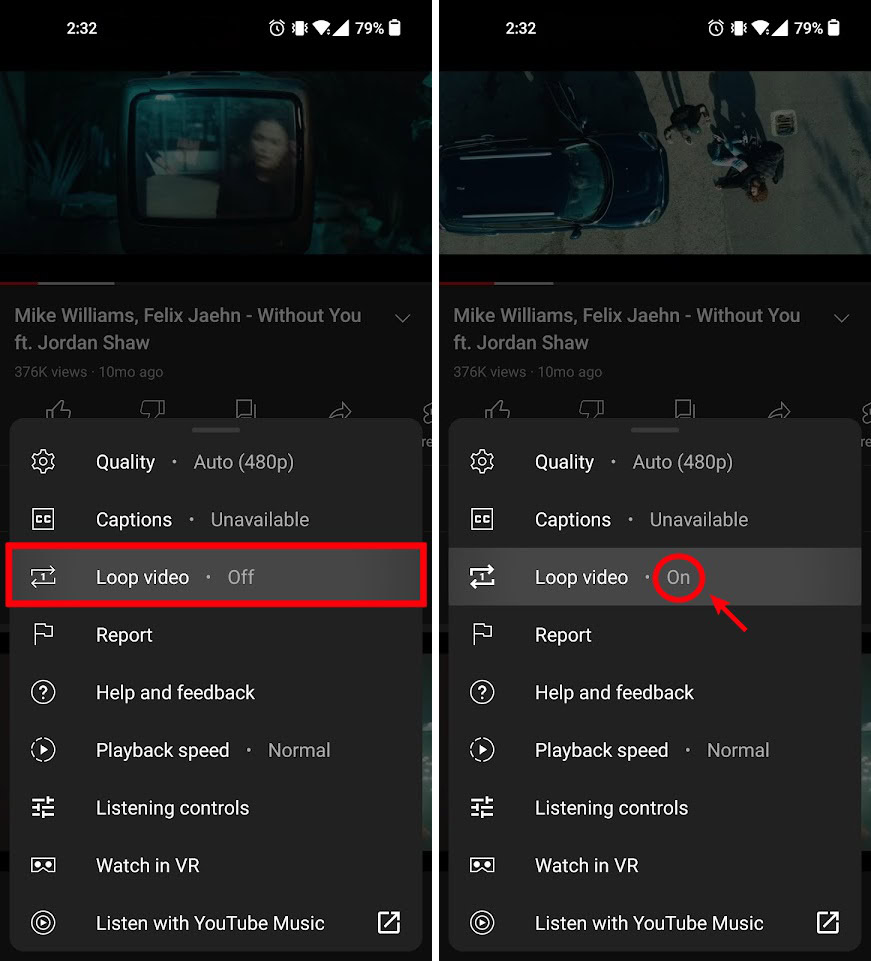 on mobile gets Loop option for playing videos