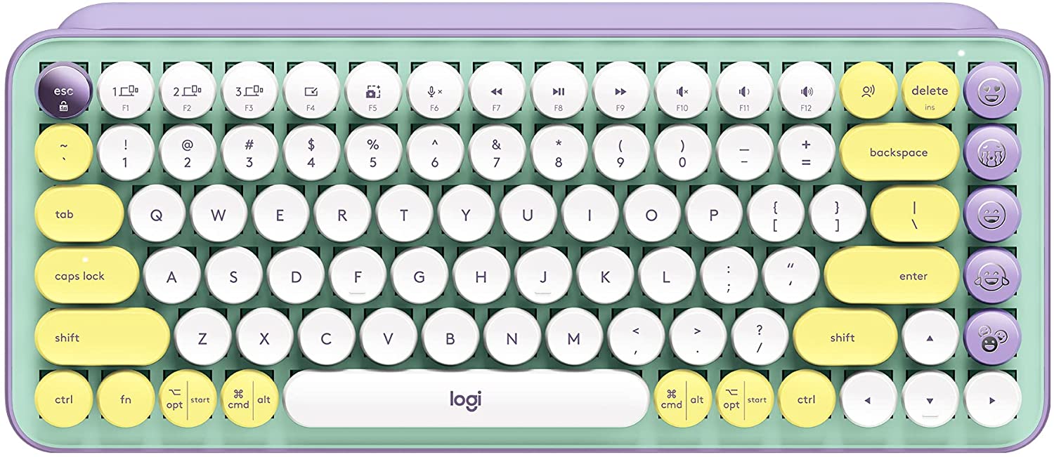 Logitech POP Keys in white, yellow, green, and lilac.