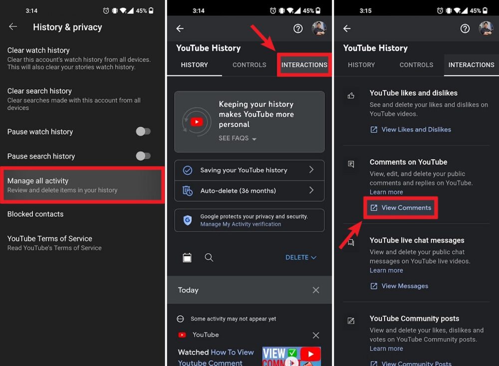 how to view your comments on youtube app