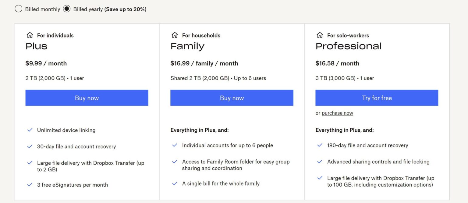 dropbox yearly fee