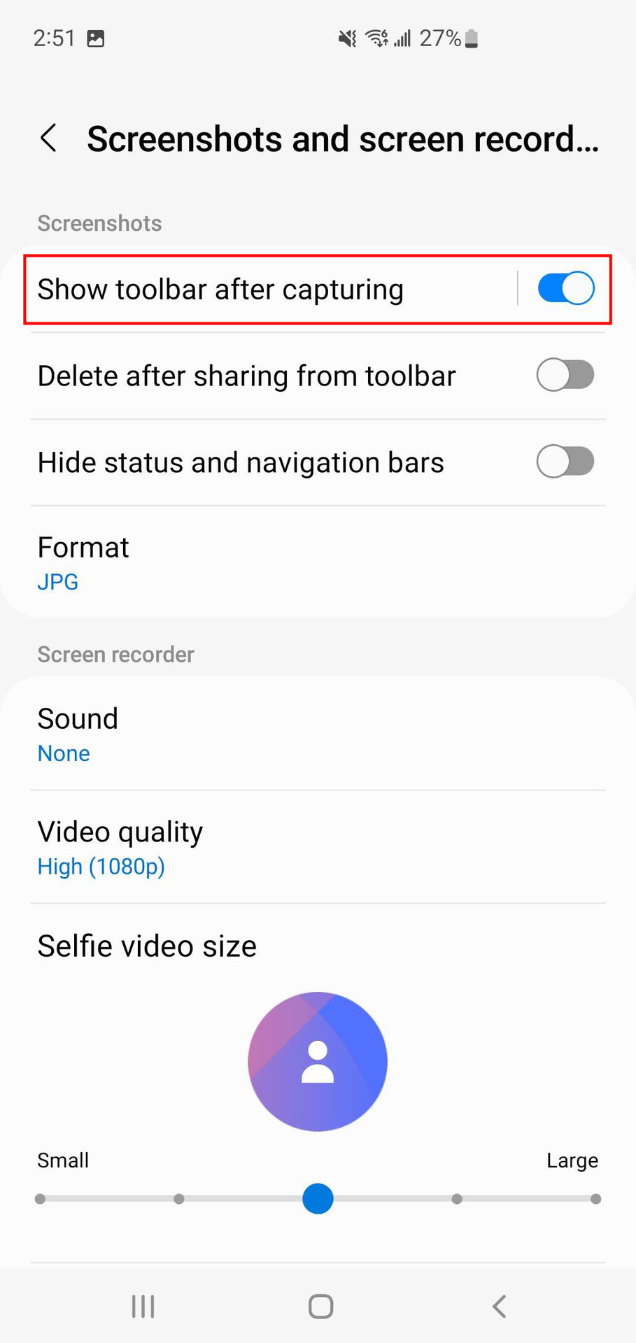 How to turn on Show toolbar after capture on Samsung devices 3