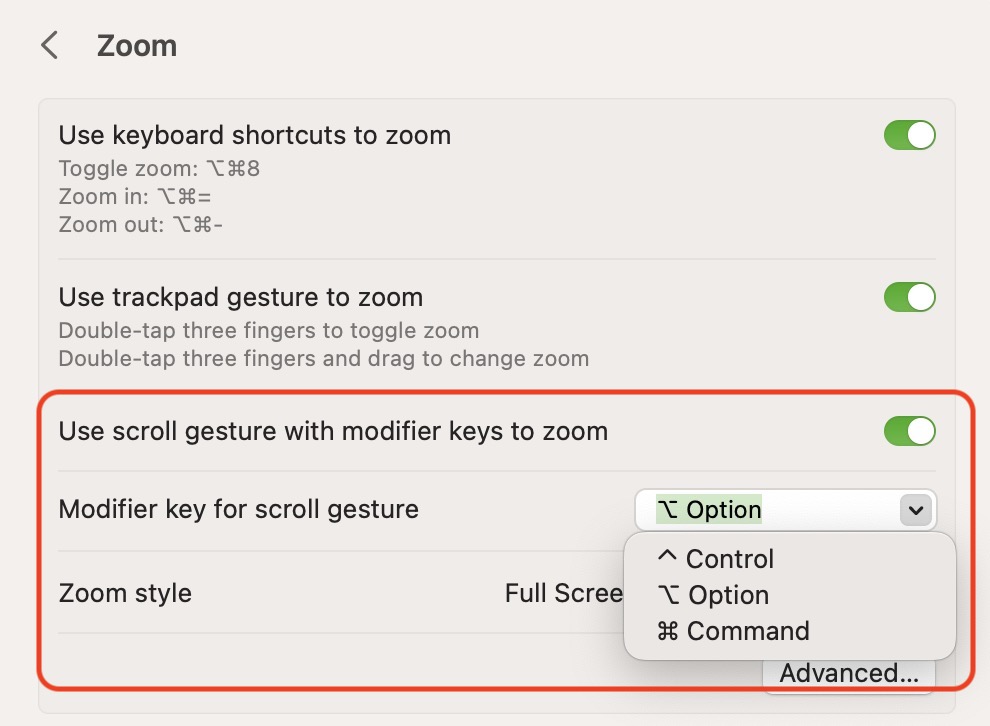 scroll gesture with modifier keys to zoom