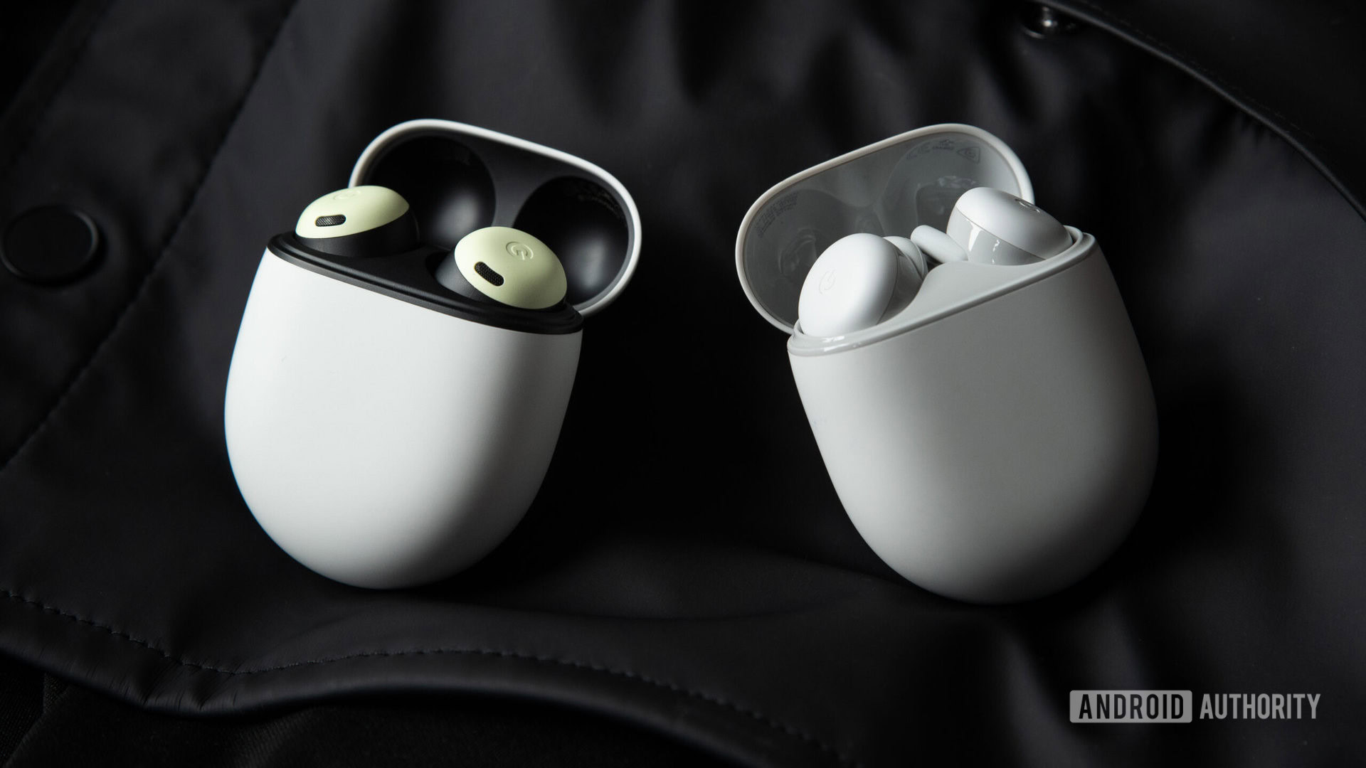 The Google Pixel Buds Pro and Google Pixel Buds A Series wireless earbuds' in their cases.