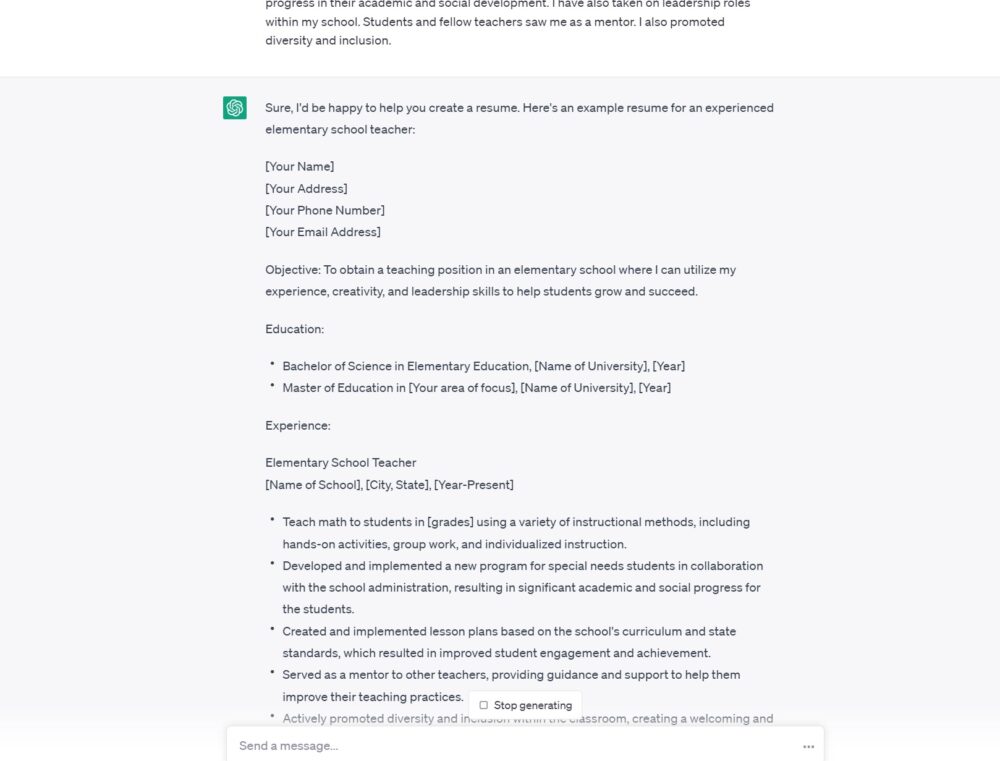 how to write resume on chatgpt