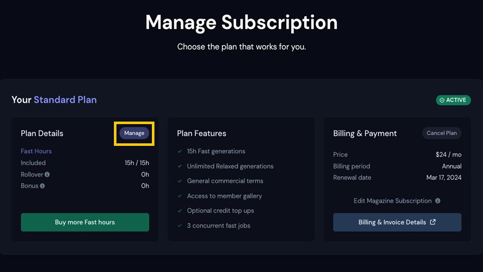 MidJourney Manage Subscription Page