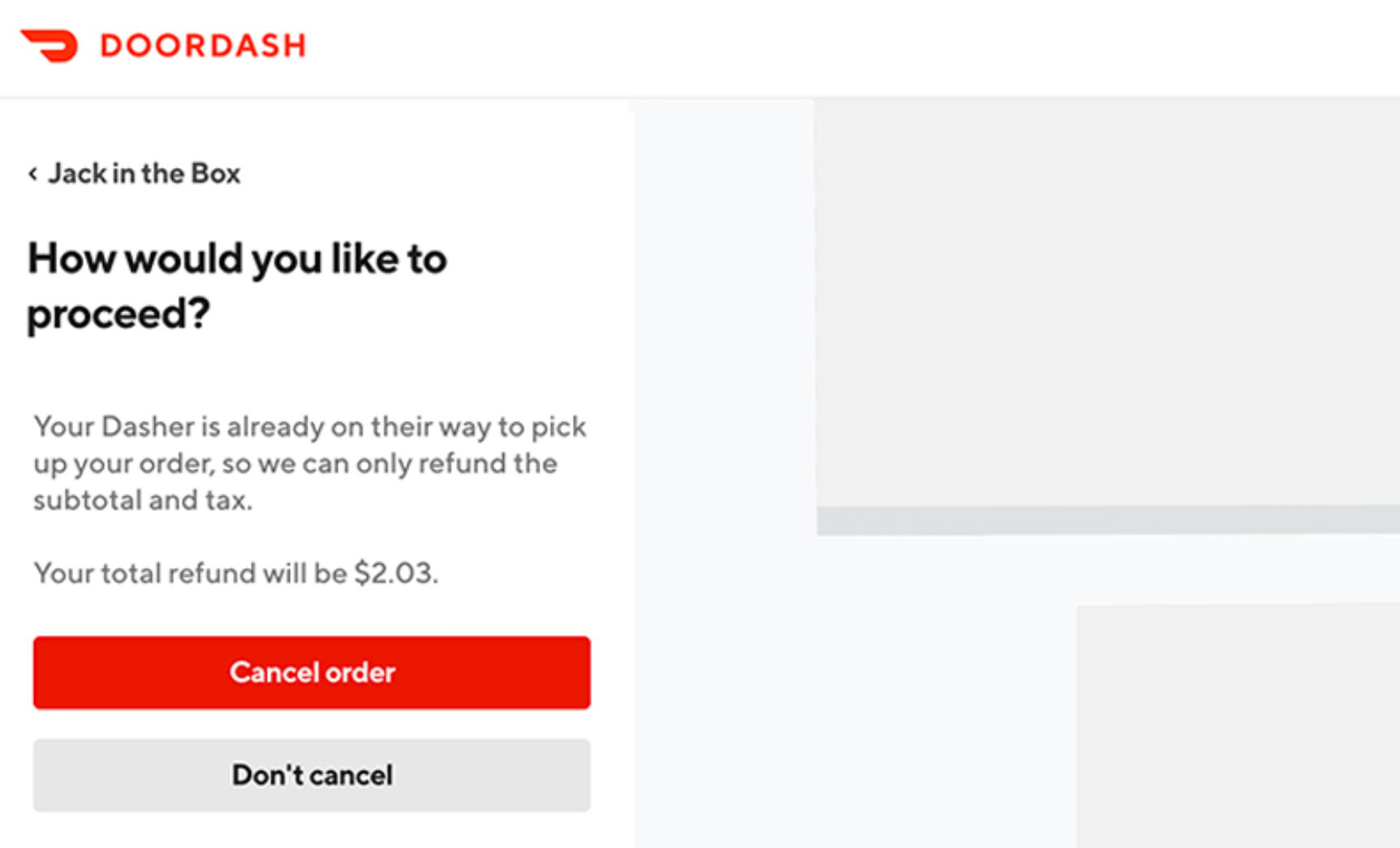 doordash web order cancelation confirmation