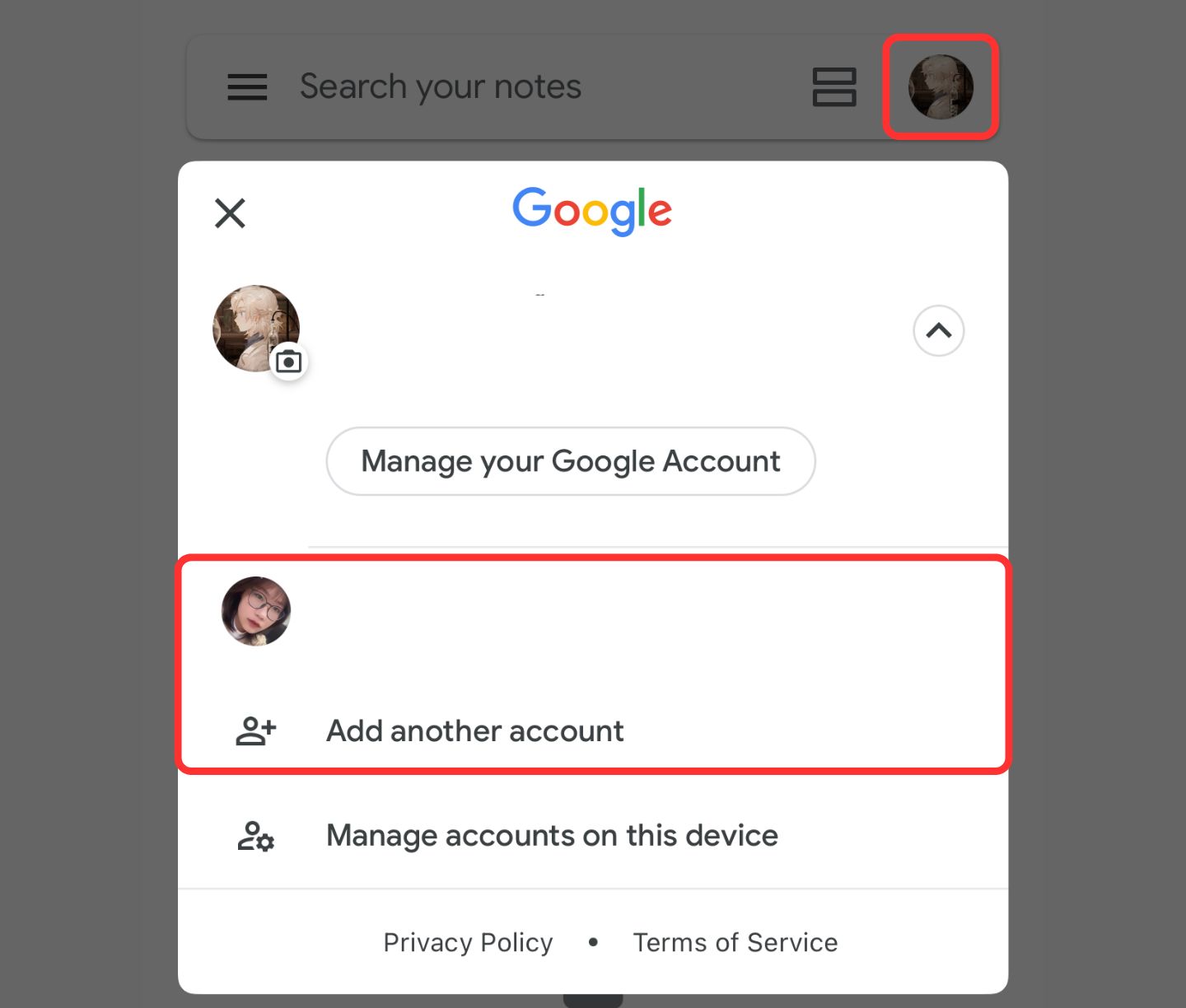 google keep change account