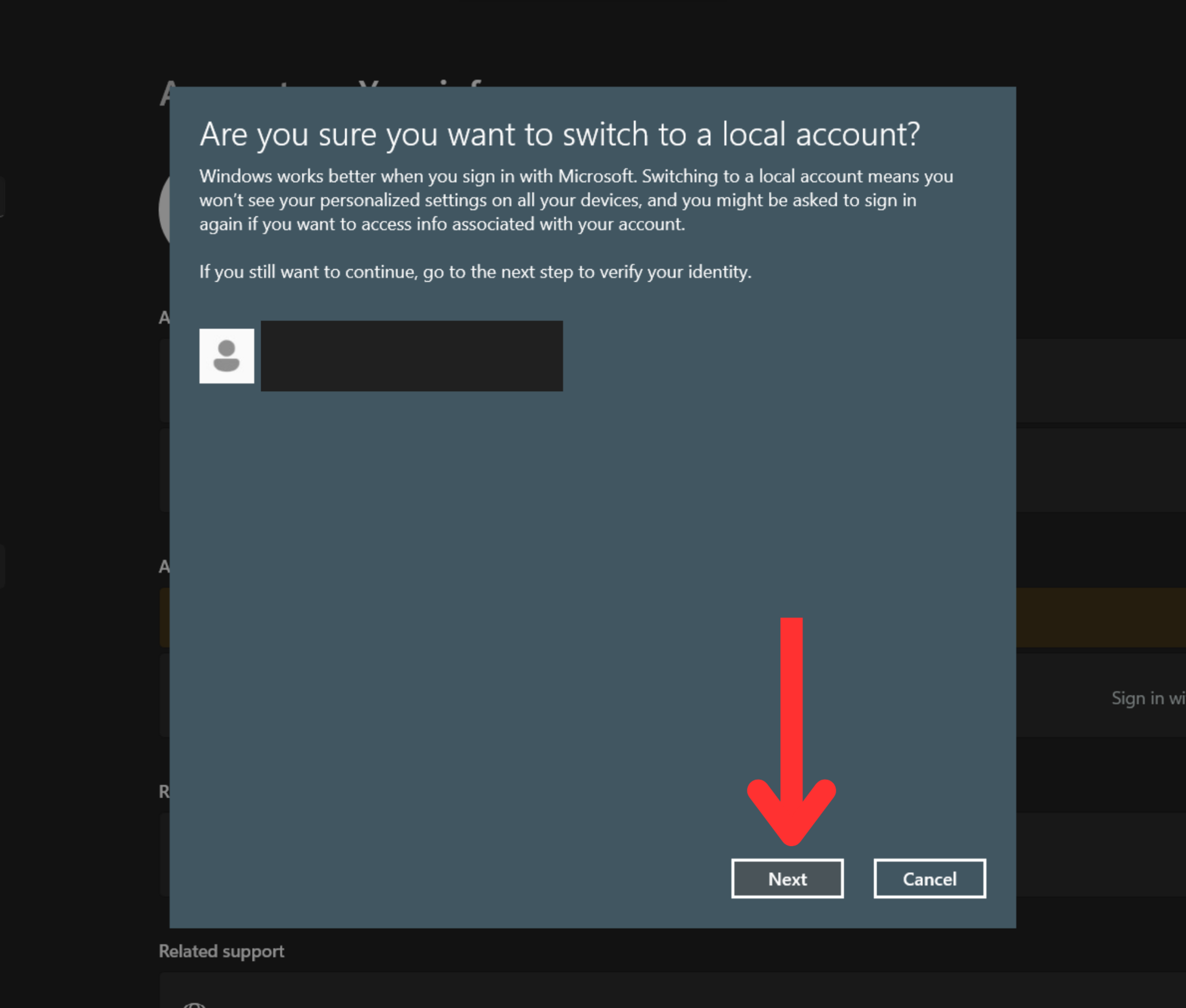 windows sign in with local email verify next button