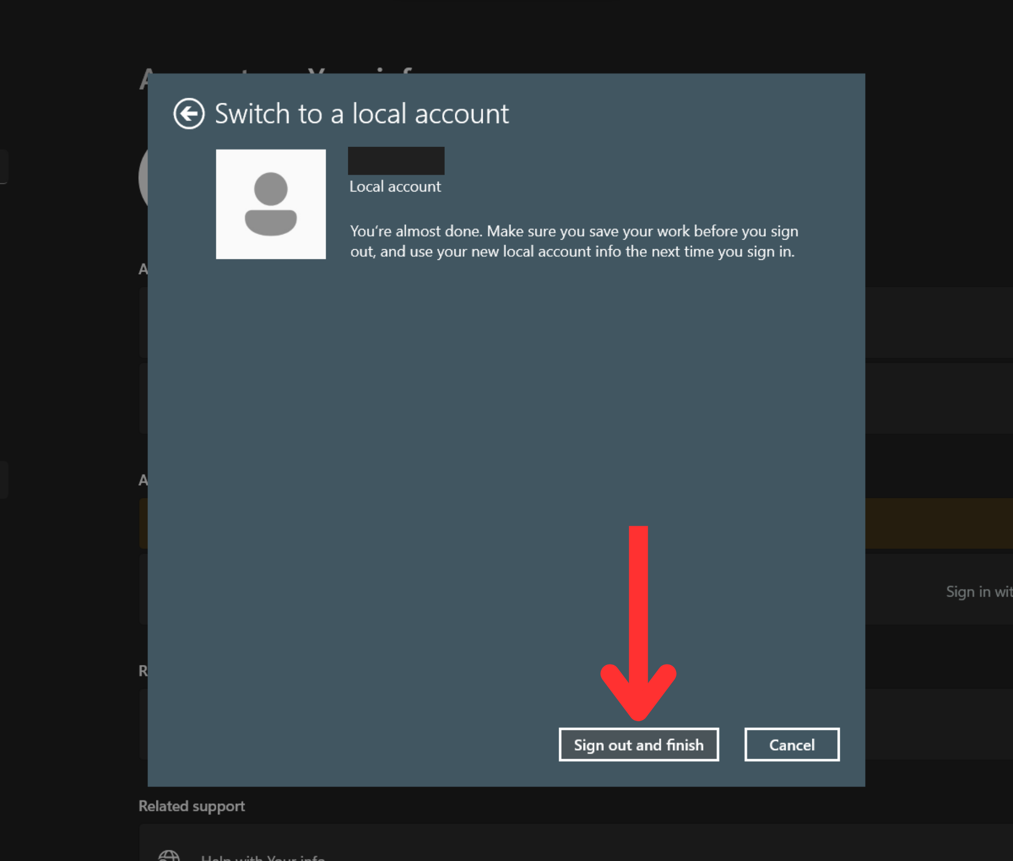 windows sign in with local account sign out and finish