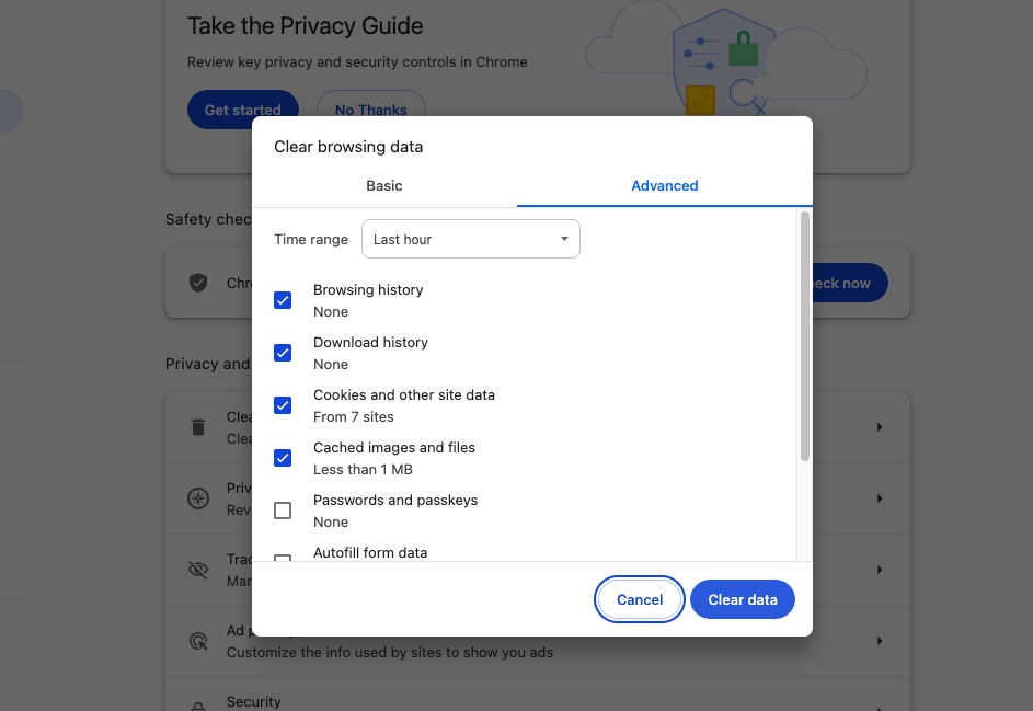 clear cache and data chrome