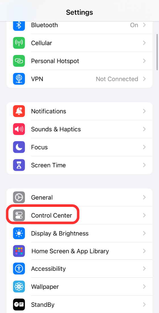 Tap on Control Center