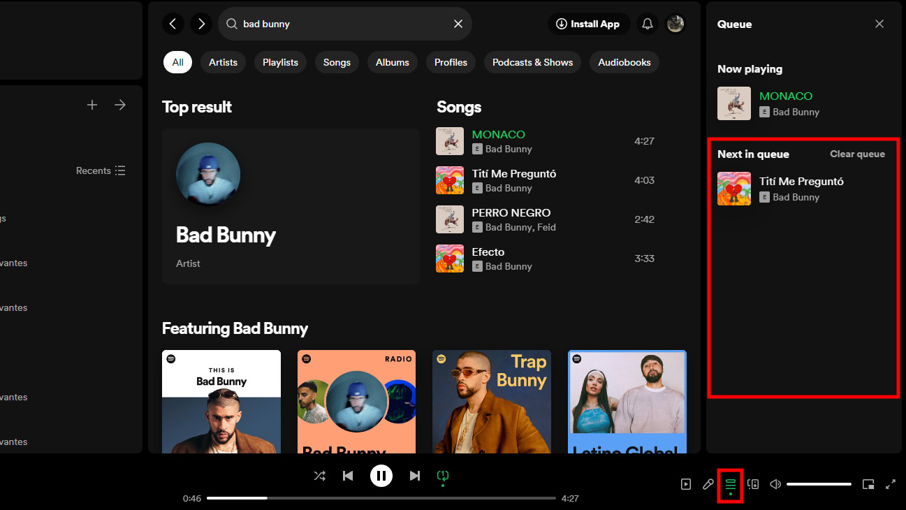 How to view queue on Spotify website