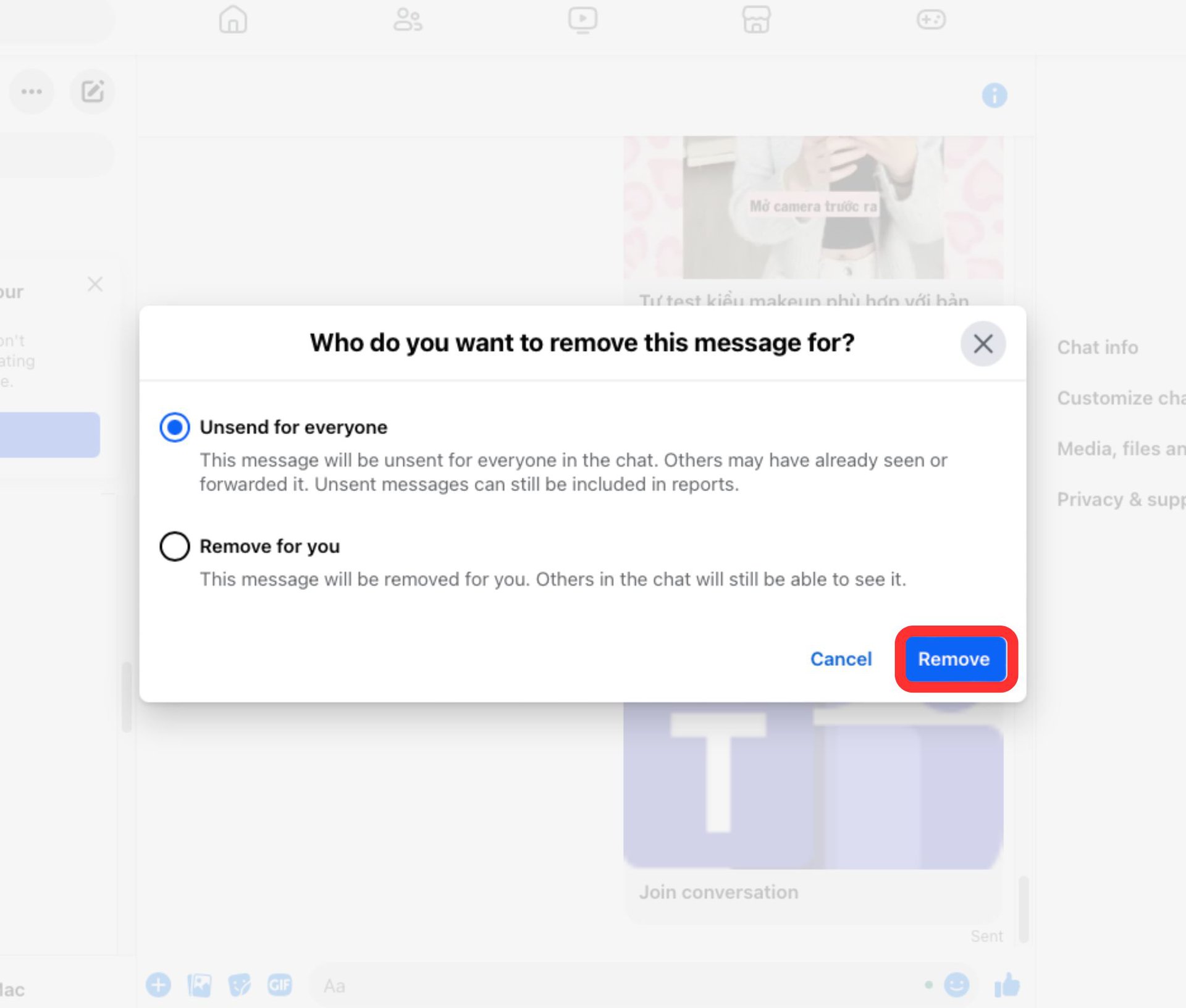 messenger unsend message