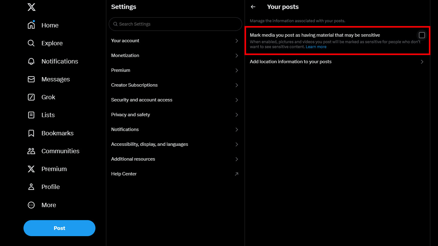 How to change the sensitive content settings for your own X posts (4)