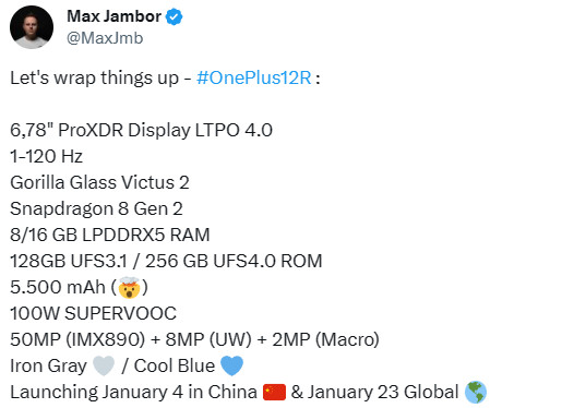 Another OnePlus 12R leak reveals its full specs list and global  availability