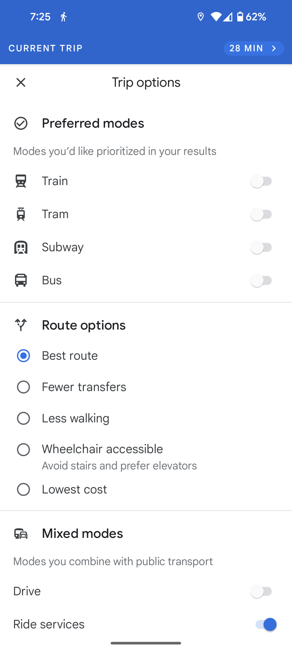 google maps app screenshot transit route settings