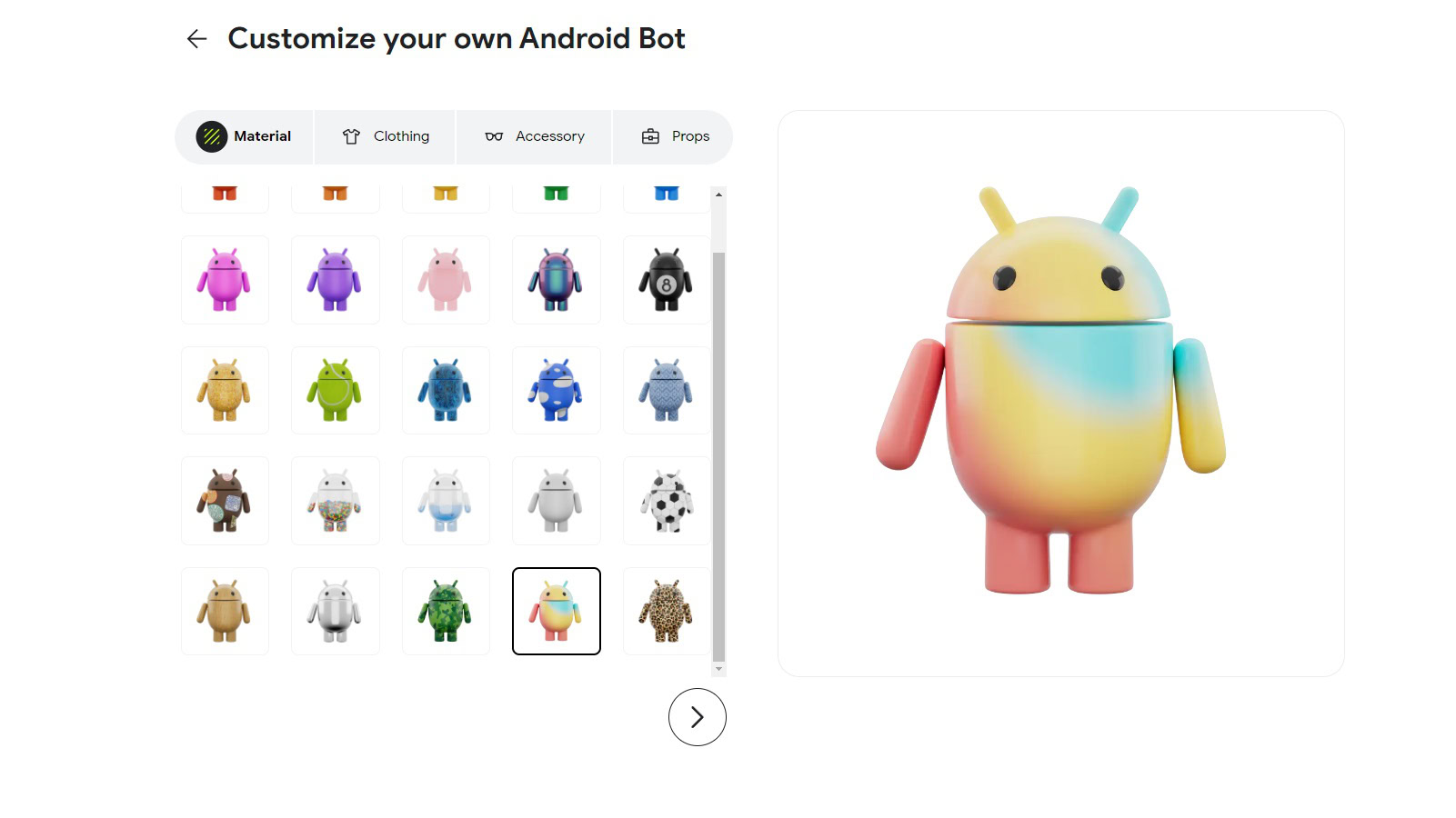 Google Bot Builder material selection