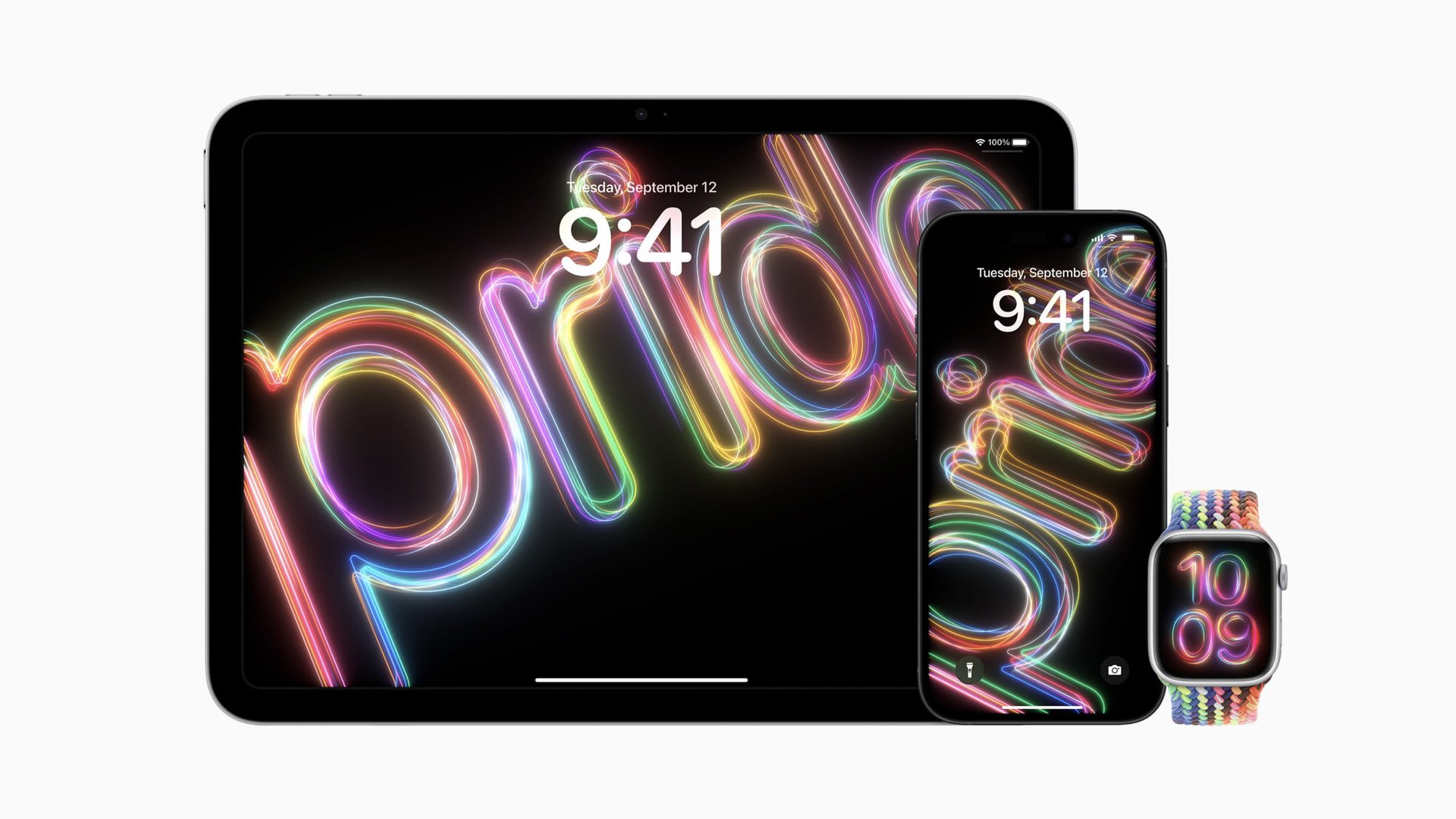 iPad, iPhone and Apple Watch with Apple's LGBTQ+ Pride 2024 wallpaper and watch face.