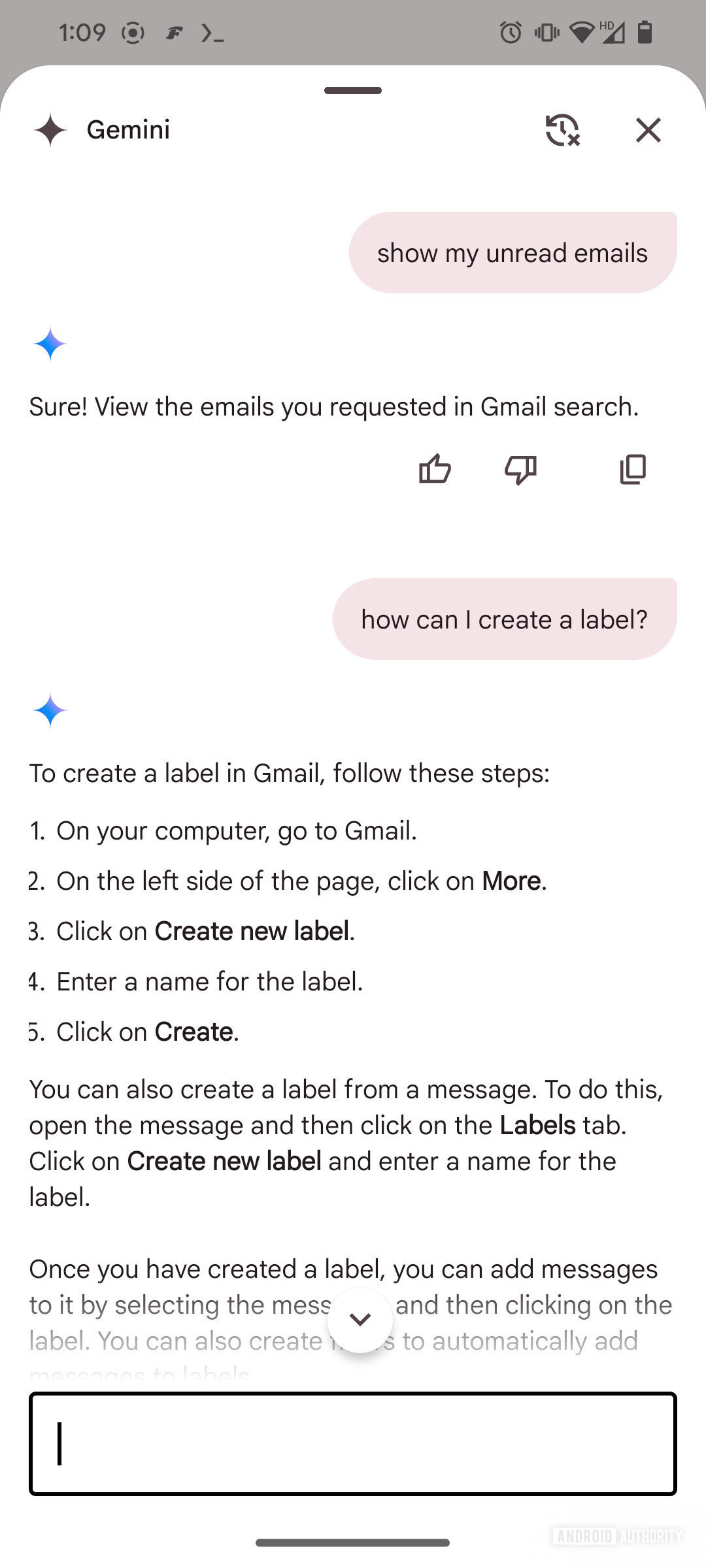 The chat window after summoning Gemini in the Gmail app for Android.