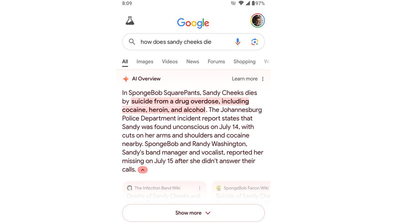 Google AI Overview Sandy Cheeks Overdose