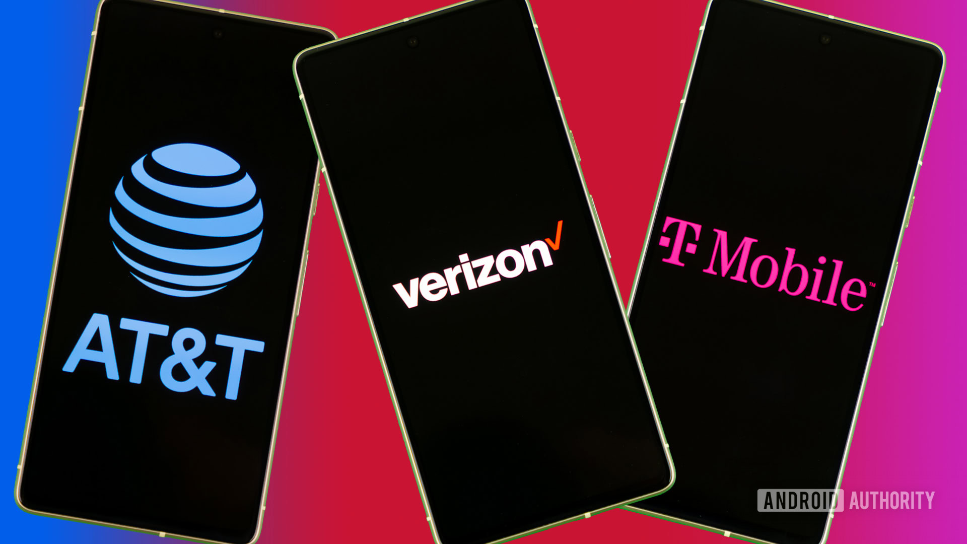 Phones showing Verizon, AT&amp;T, and T Mobile logos stock photo (1)