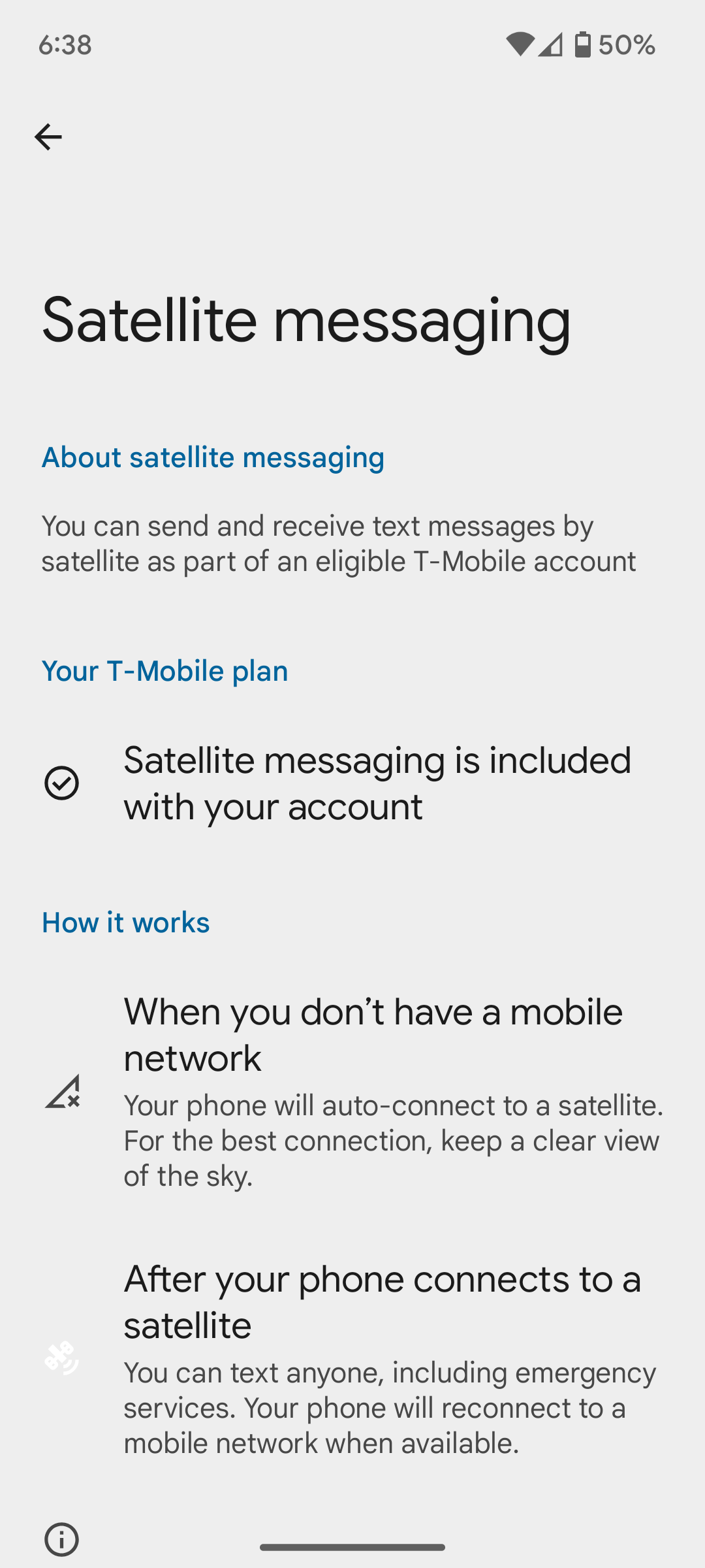 Page de messagerie satellite dans Android 15 bêta 2