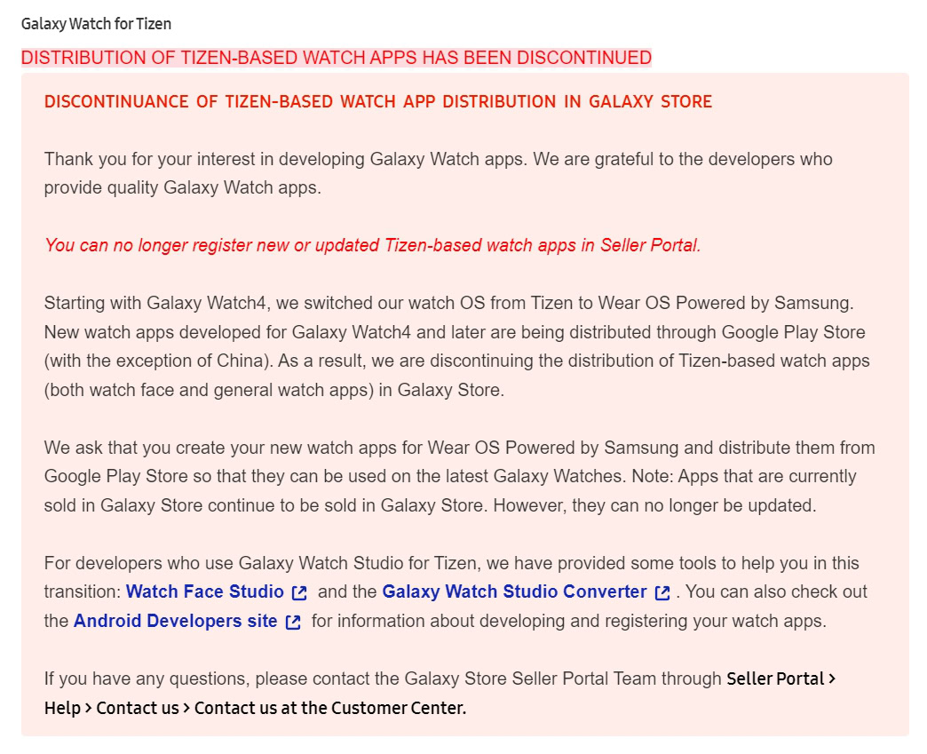 Tizen watch apps discontinued