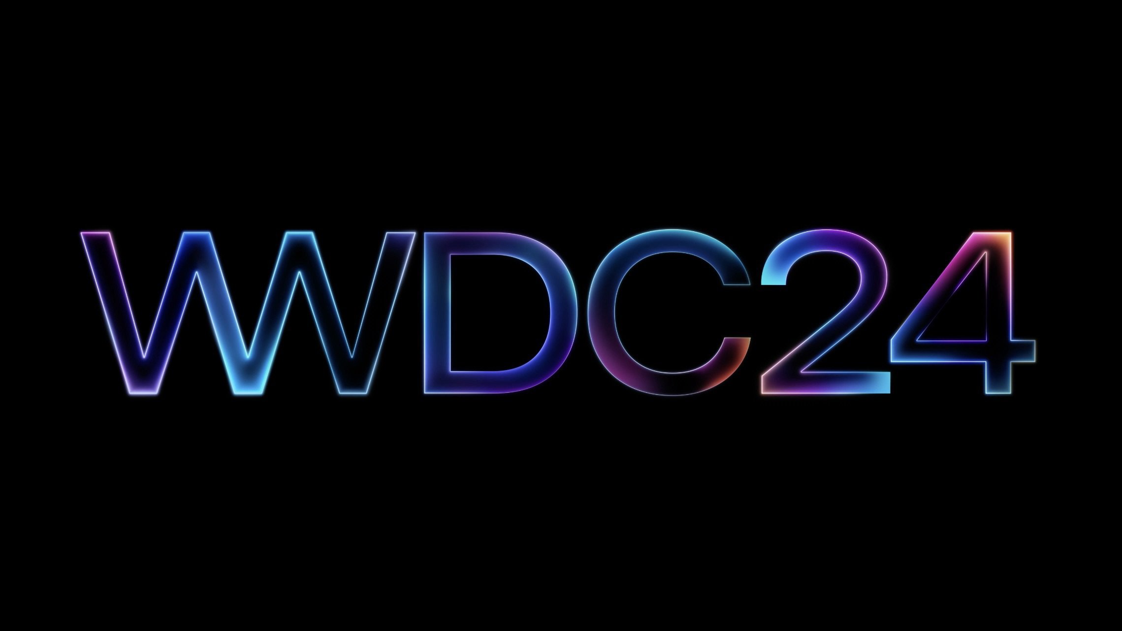Screenshot of Apple's website showing with a colorful WWDC24 written on back background.