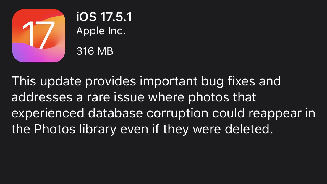 Mensaje de actualización de iOS 17.5.1 en la configuración del iPhone.
