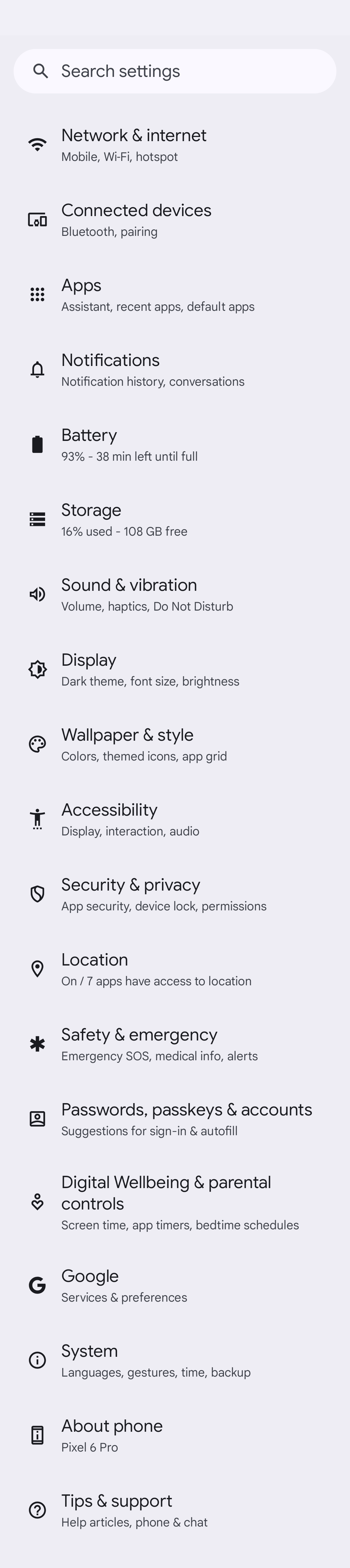 Android 14 top level settings