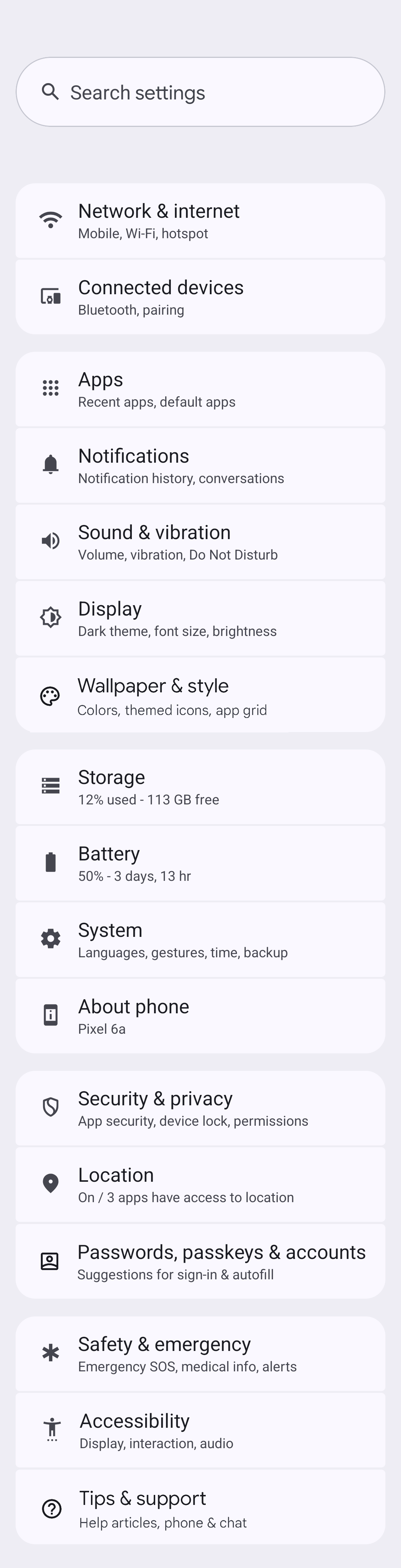 Android 15 top level settings mockup