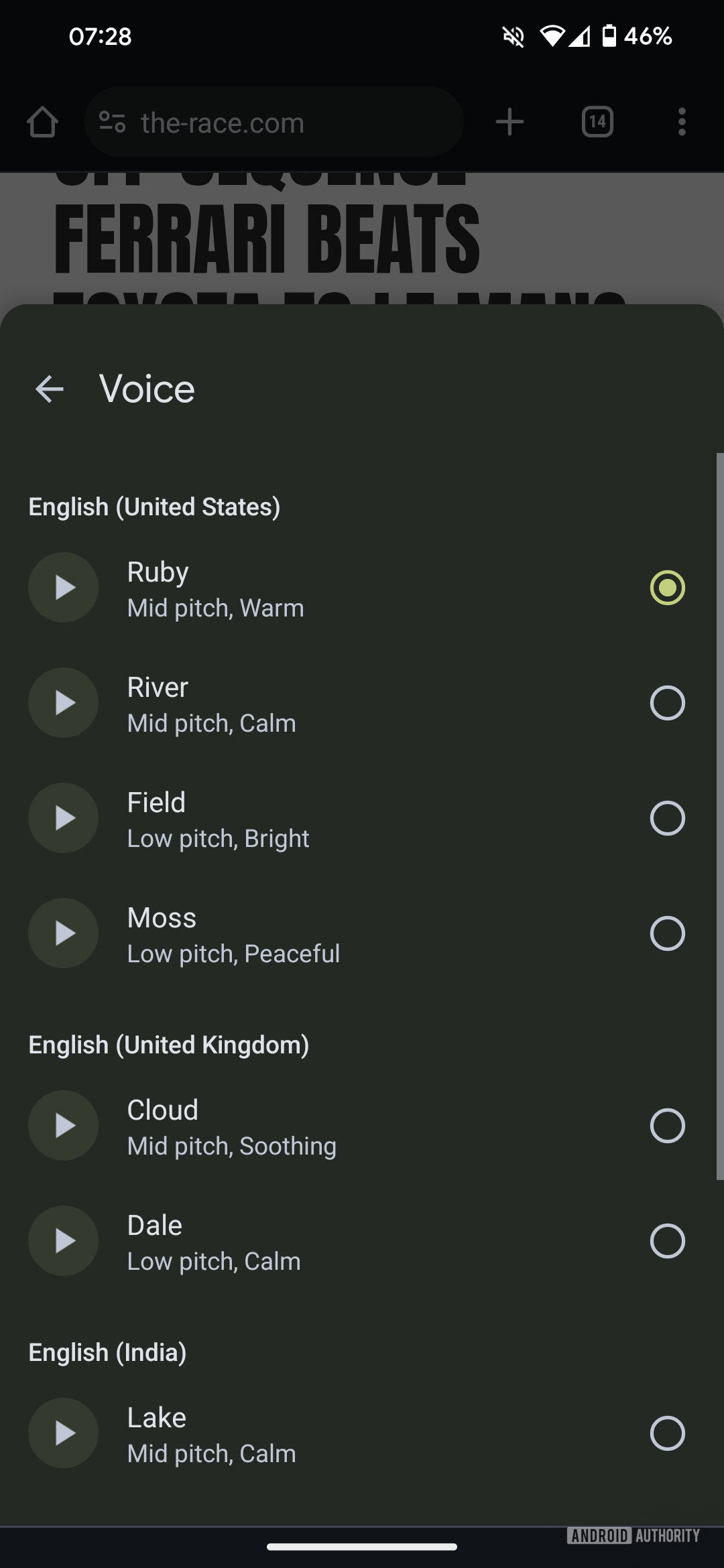 Chrome for Android listen to page voice options