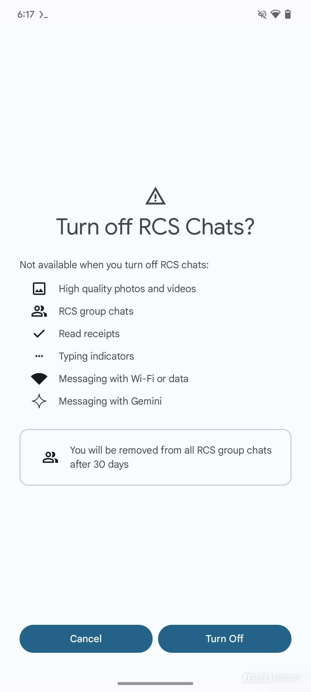 Google Messages Warning screen on turning off RCS