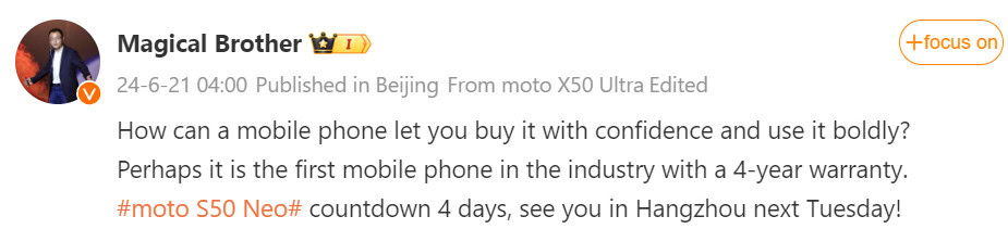 Lenovo China GM Weibo Moto S50 Neo