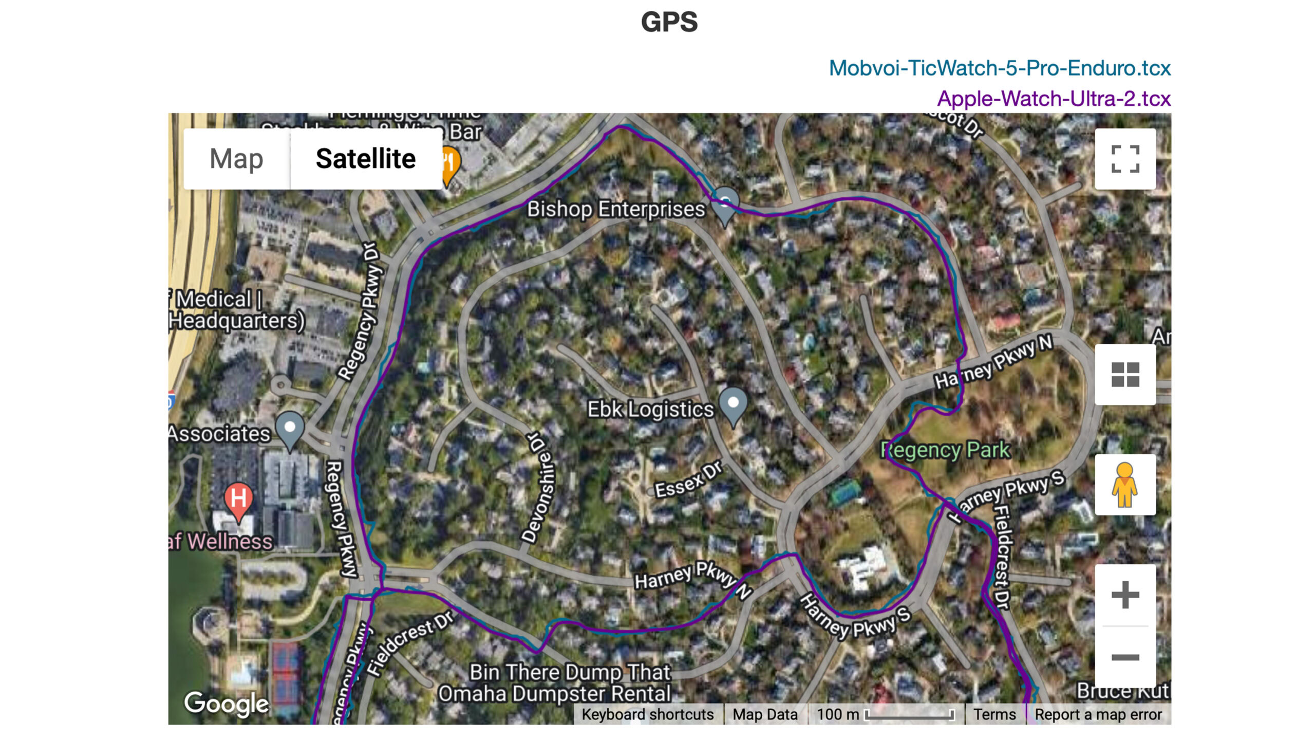 A GPS map shows a route recorded by a Mobvoi TicWatch Pro 5 Enduro compared to an Apple Watch Ultra 2.
