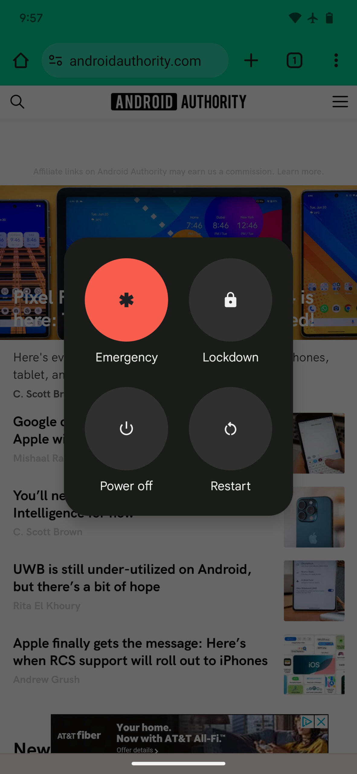 Power menu in Android 15