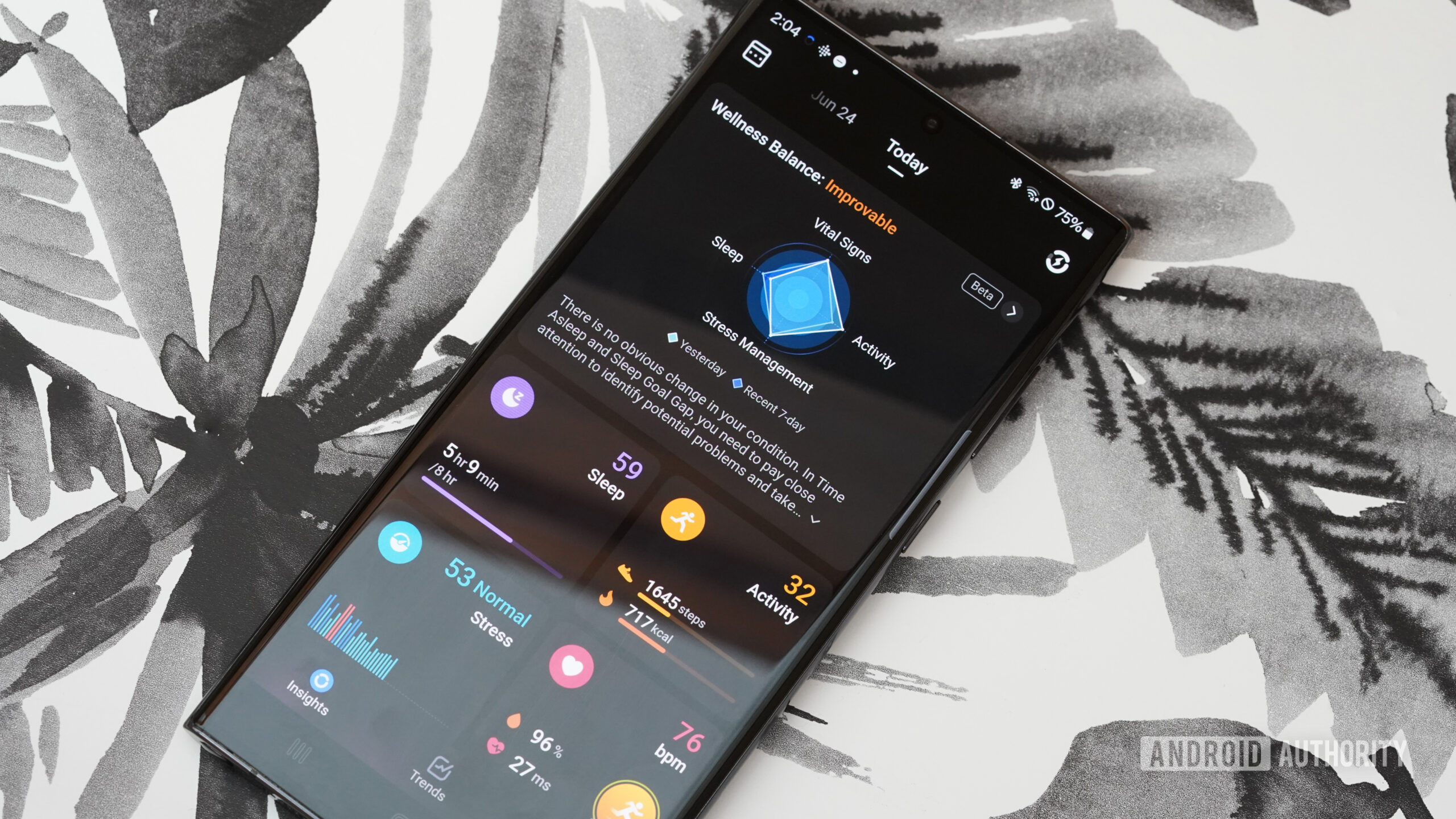 Un smartphone Samsung affiche l'application compagnon RingConn Smart Ring.