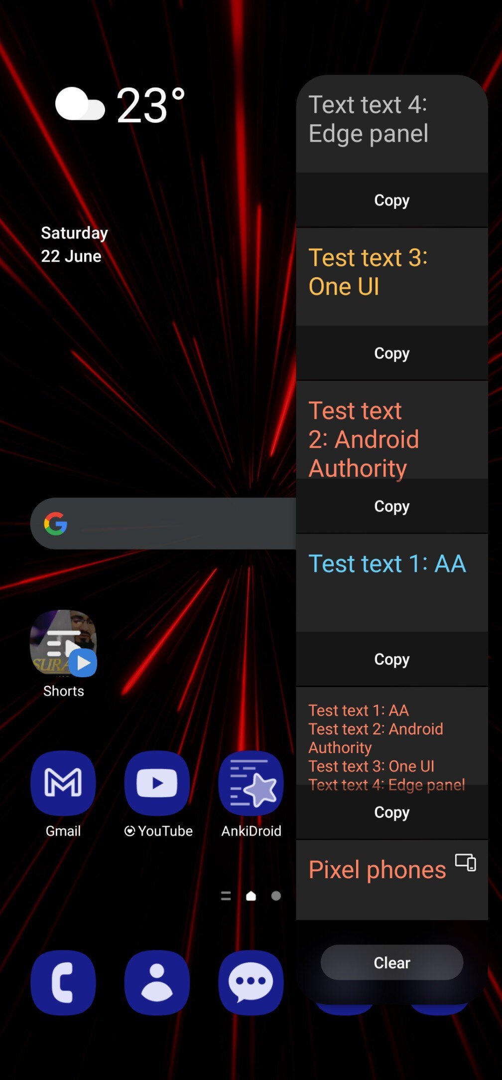 Samsung edge panel showing clipboard