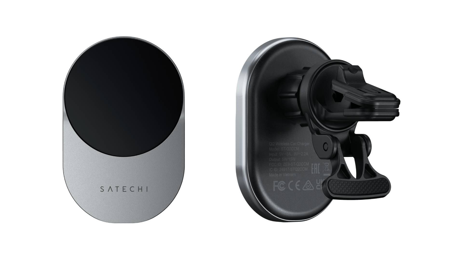 Front and back view of the Satechi Qi2 Wireless Car Charger on white background.