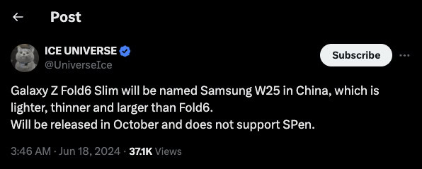 Galaxy Z Fold 6 slim tweet screenshot