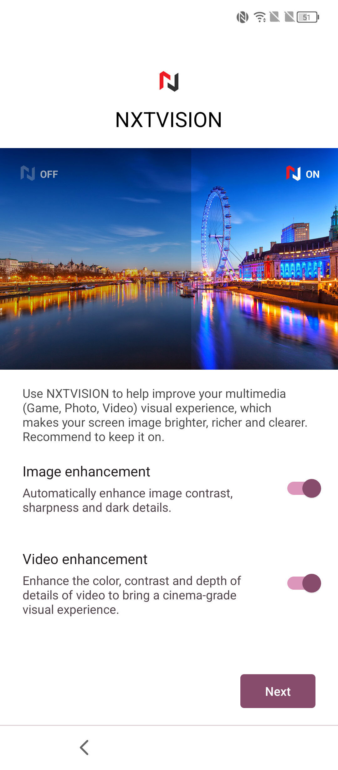 TCL NXTVision app settings